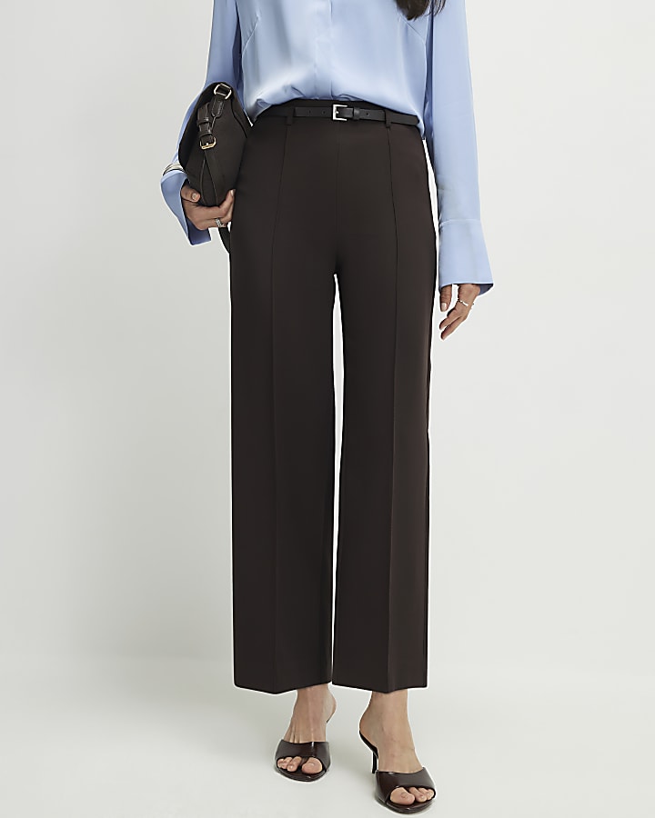 Brown Belted Cropped Wide Leg Trousers