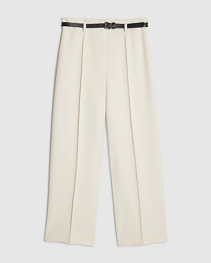Cream Belted Cropped Wide Leg Trousers