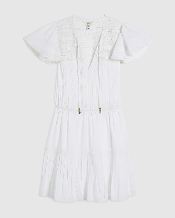 White Ruffle Sleeve Lace Dress