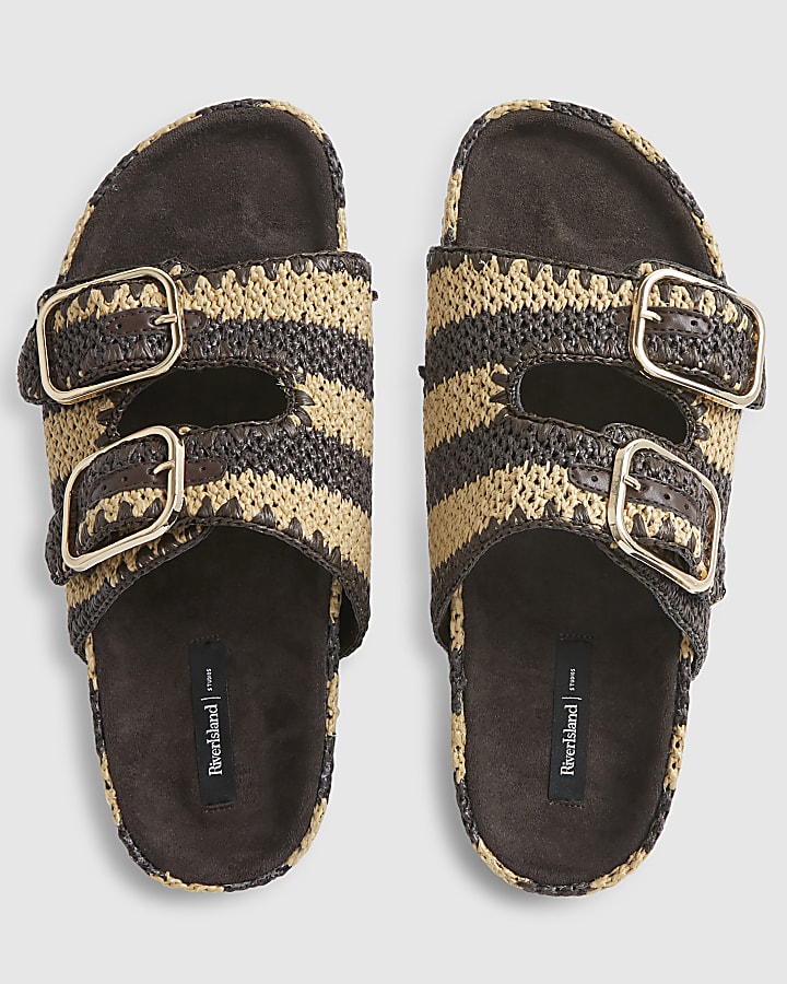 Brown Stripe Raffia Footbed Sandals