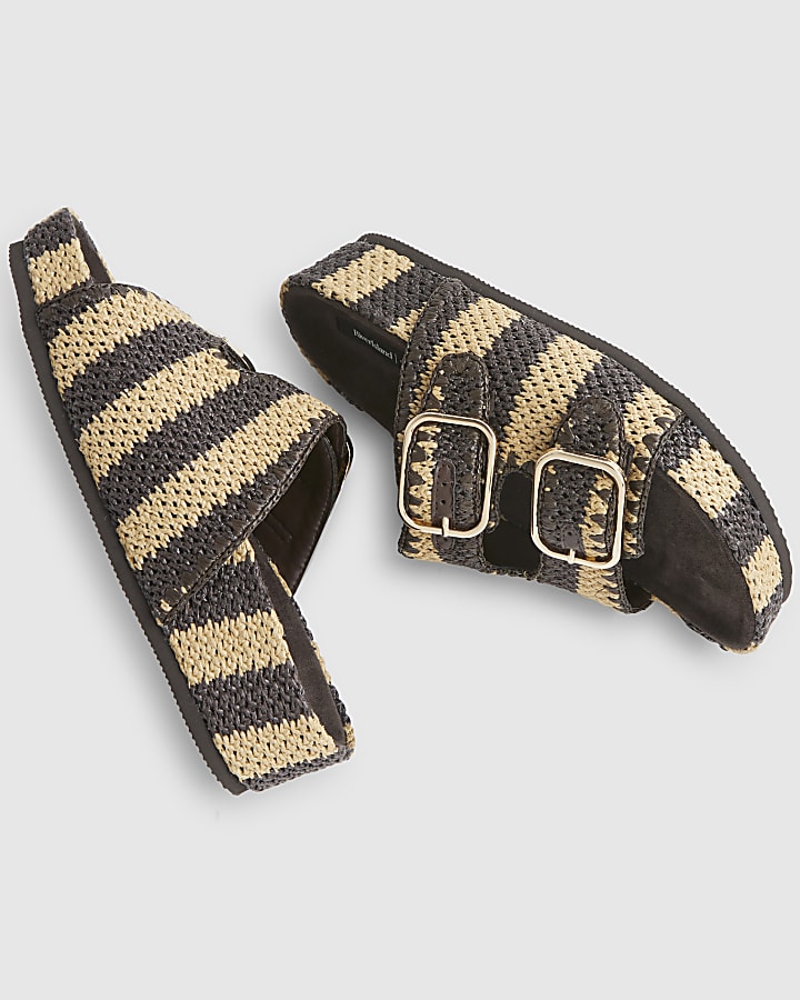 Brown Stripe Raffia Footbed Sandals