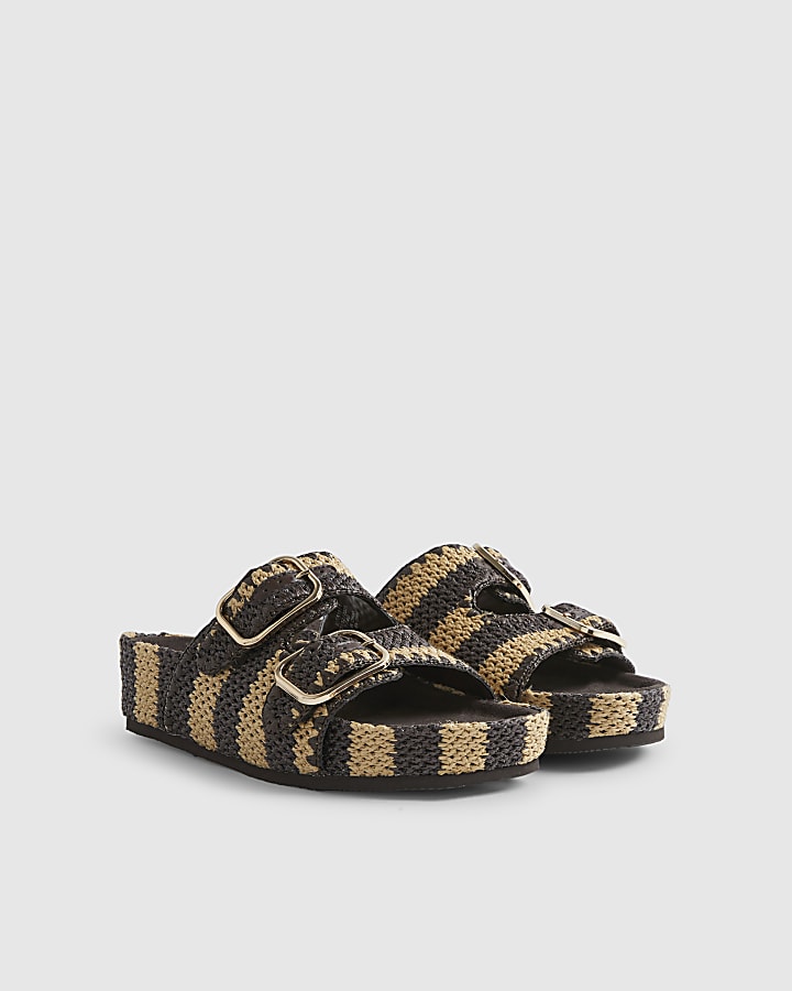 Brown Stripe Raffia Footbed Sandals