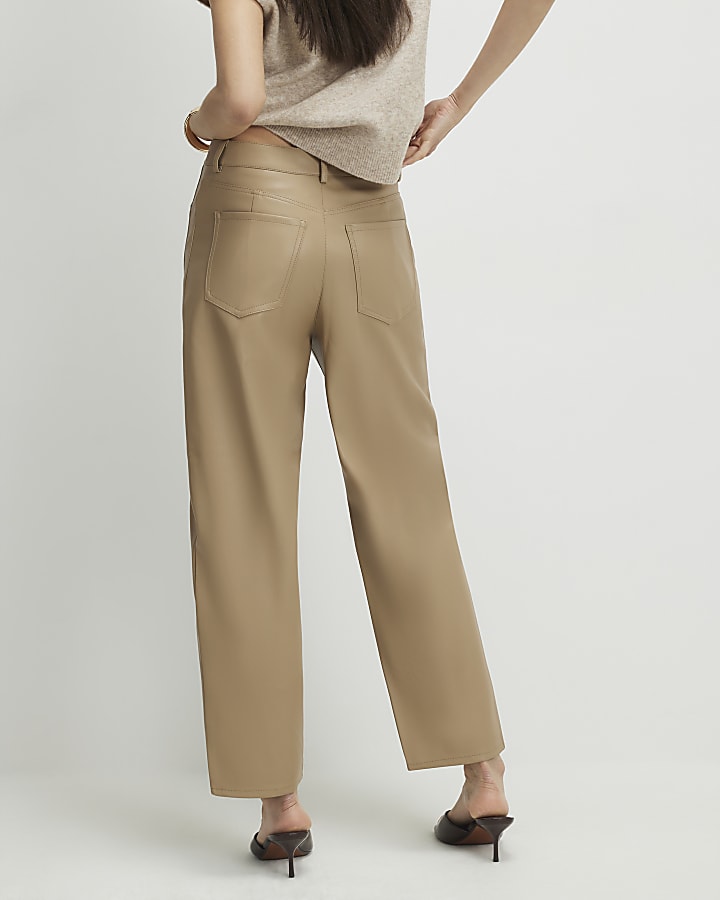Beige Faux Leather Barrel Leg Trousers