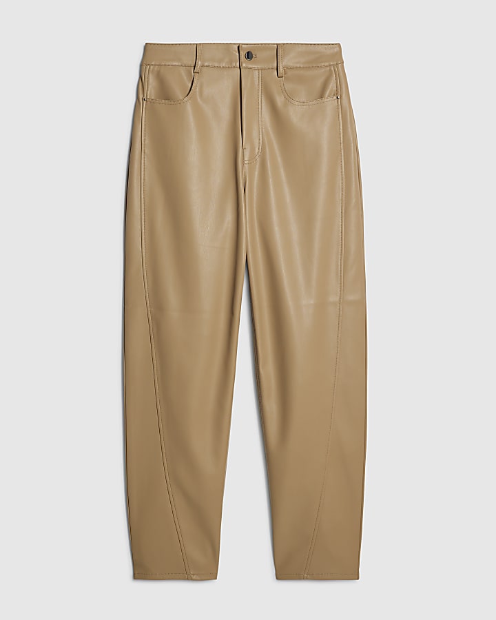 Beige Faux Leather Barrel Leg Trousers