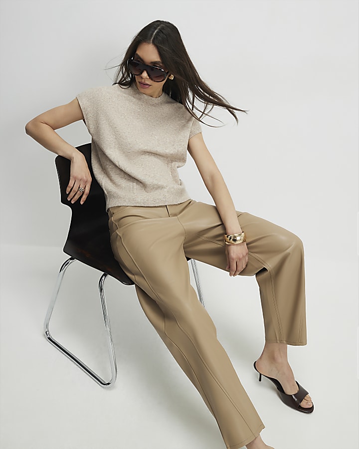 Beige Faux Leather Barrel Leg Trousers