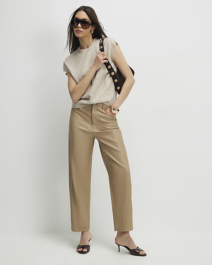 Beige Faux Leather Barrel Leg Trousers