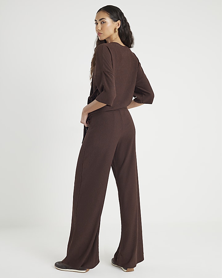 Brown Textured Wide Leg Trousers