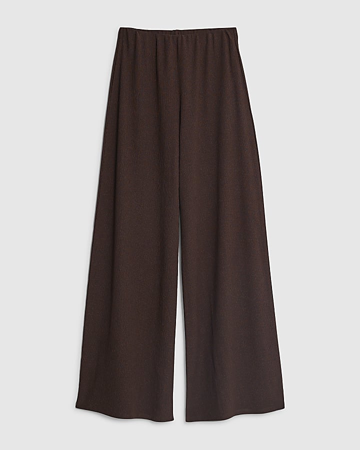 Brown Textured Wide Leg Trousers