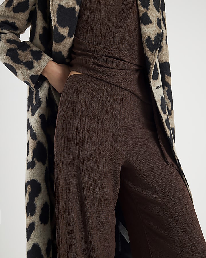 Brown Textured Wide Leg Trousers