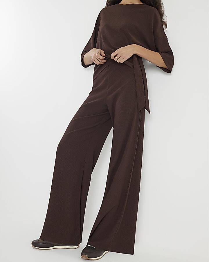 Brown Textured Wide Leg Trousers