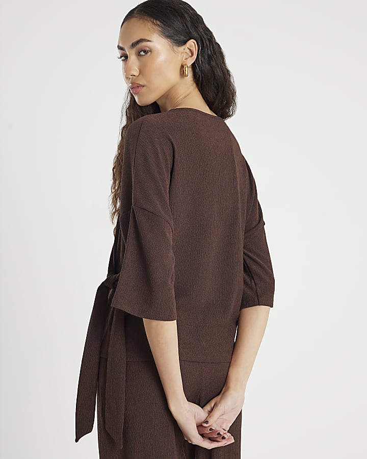 Brown Textured Tie Front T-shirt