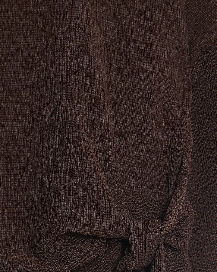 Brown Textured Tie Front T-shirt