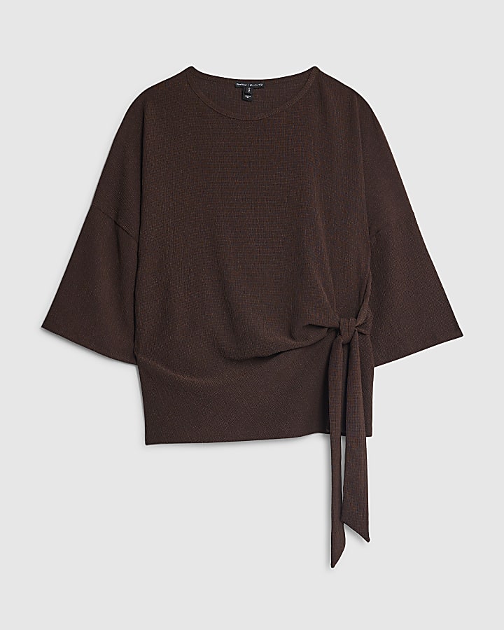 Brown Textured Tie Front T-shirt