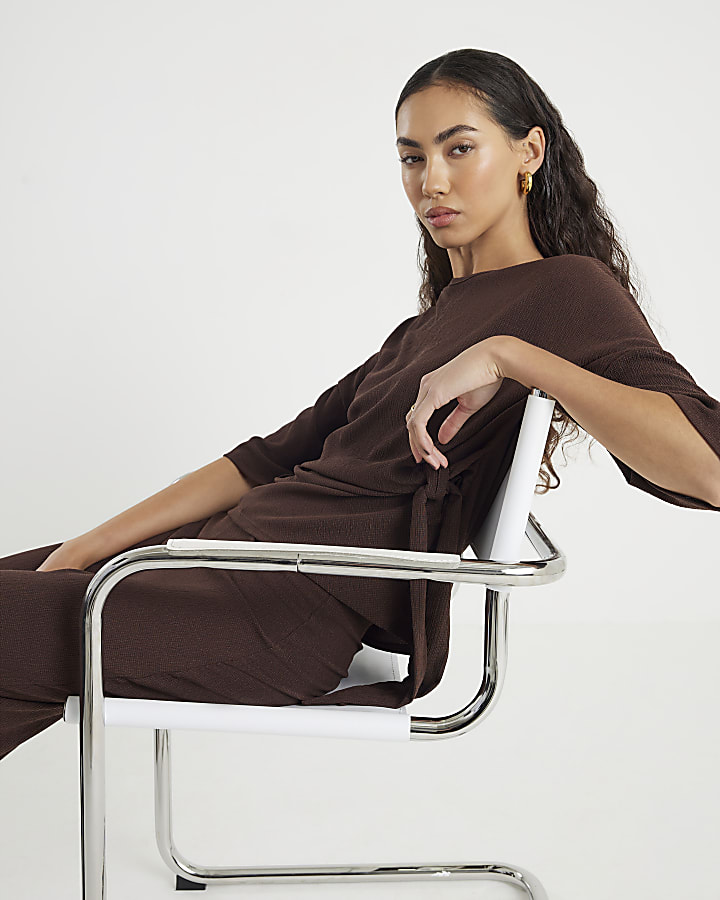 Brown Textured Tie Front T-shirt