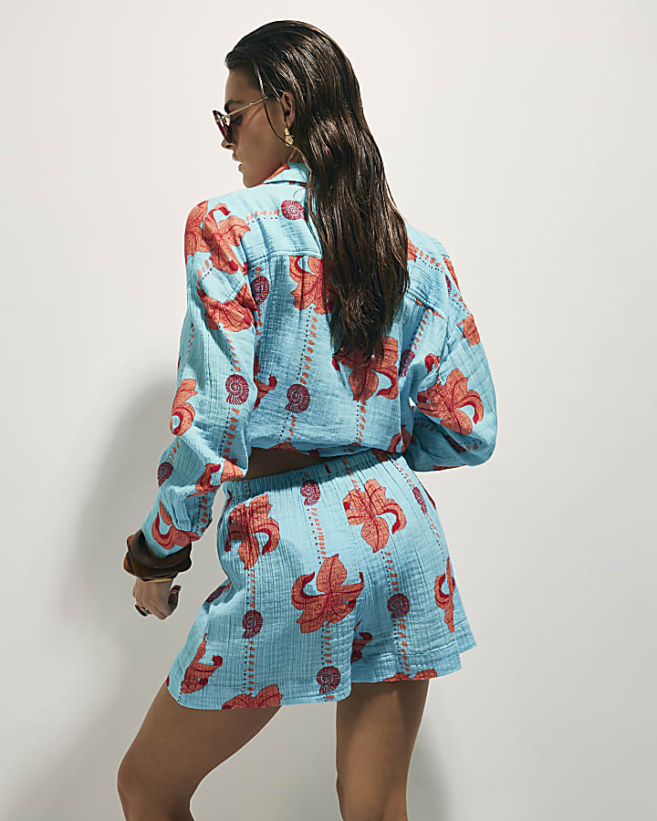 Blue Palm Print Shorts