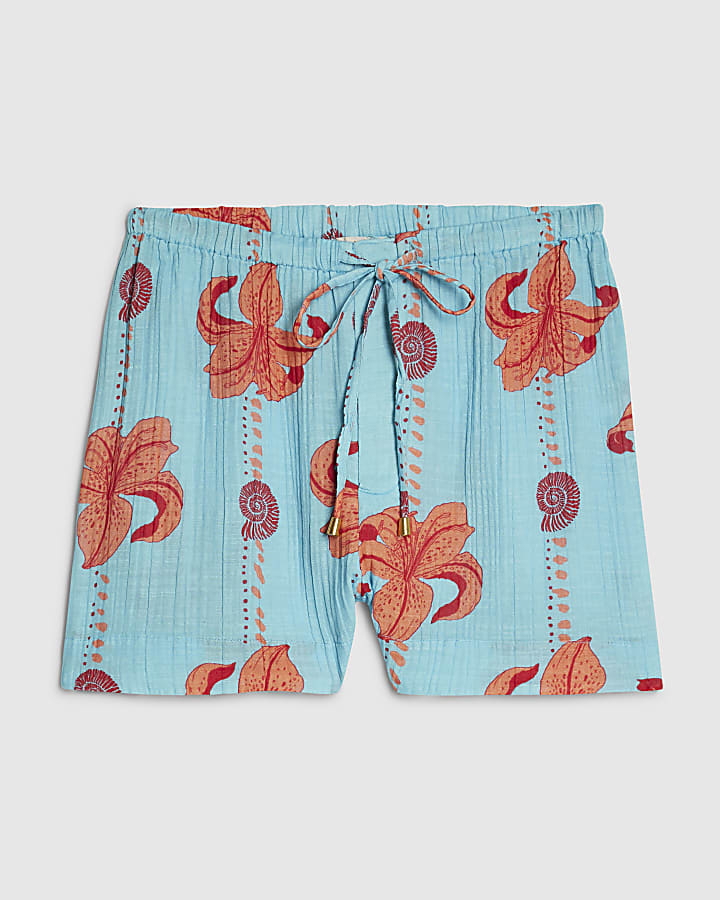 Blue Palm Print Beach Shorts