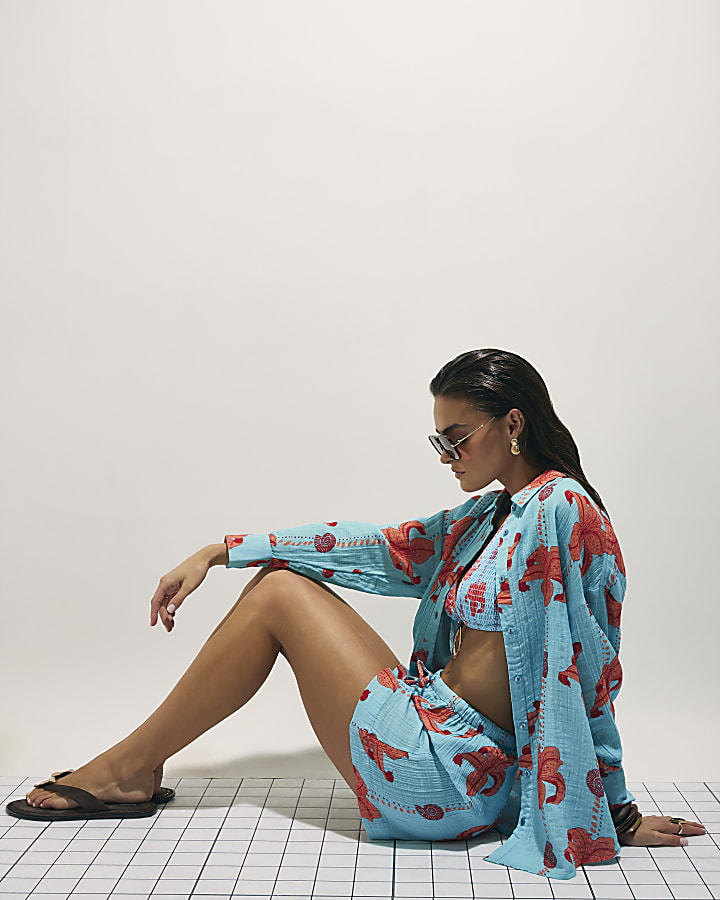 Blue Palm Print Shorts