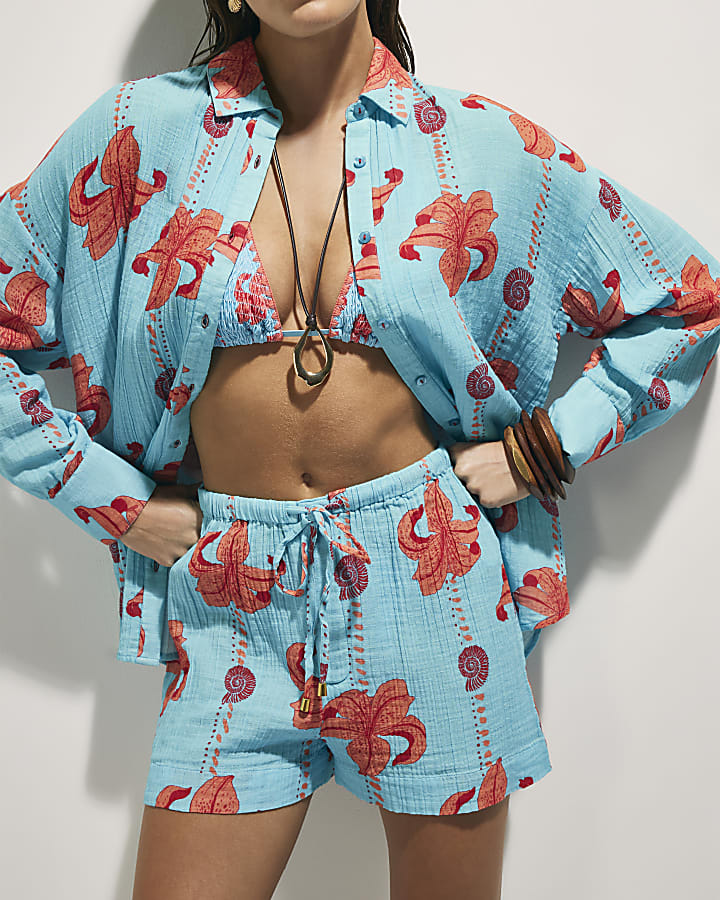 Blue Palm Print Shorts