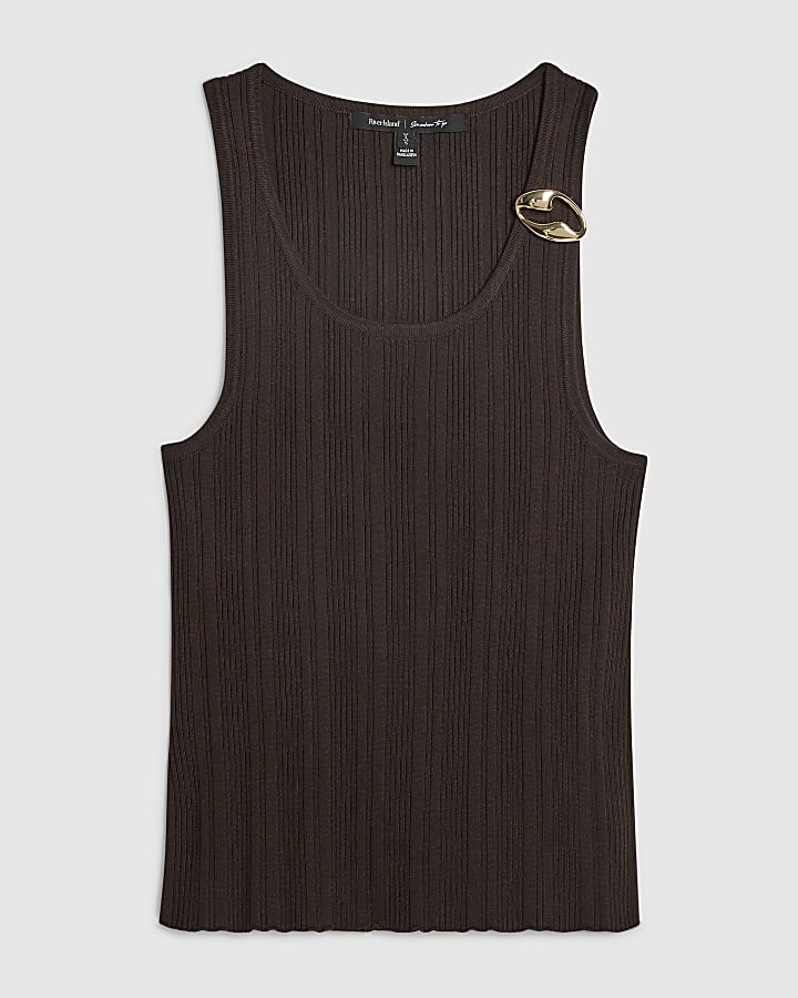 Brown Knitted Gold Detail Vest Top