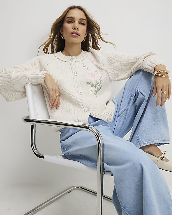 Cream Floral Embroided Cardigan