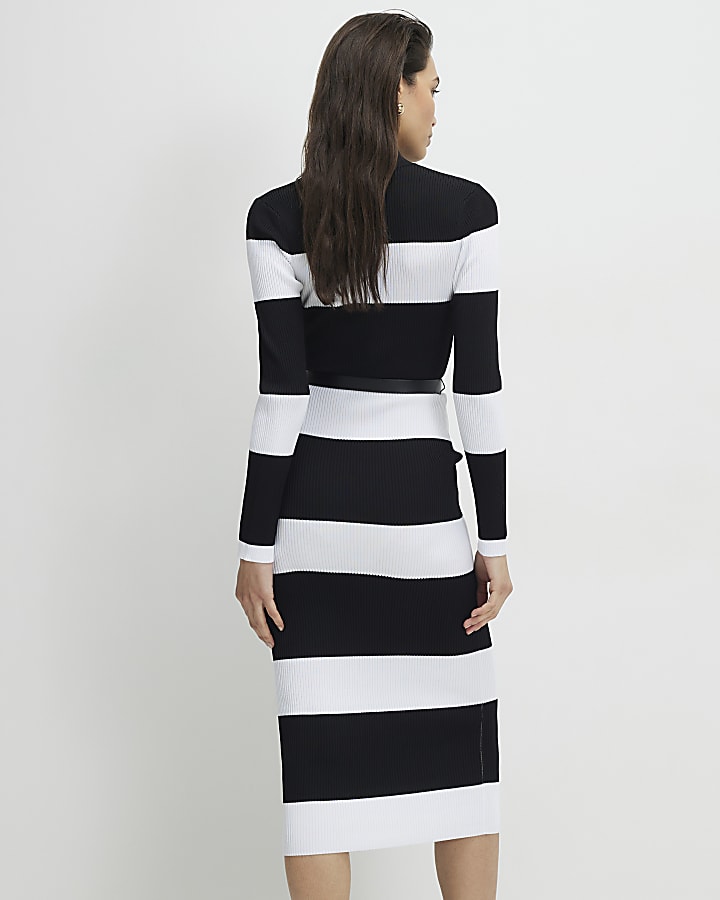 Black Belted Stripe Midi Dress