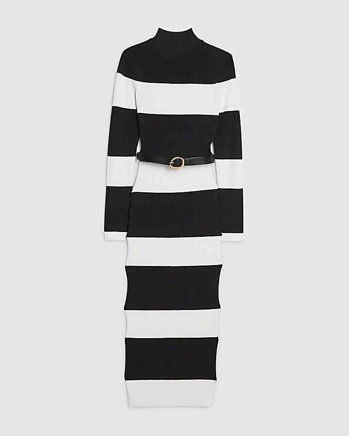 Black Belted Stripe Midi Dress