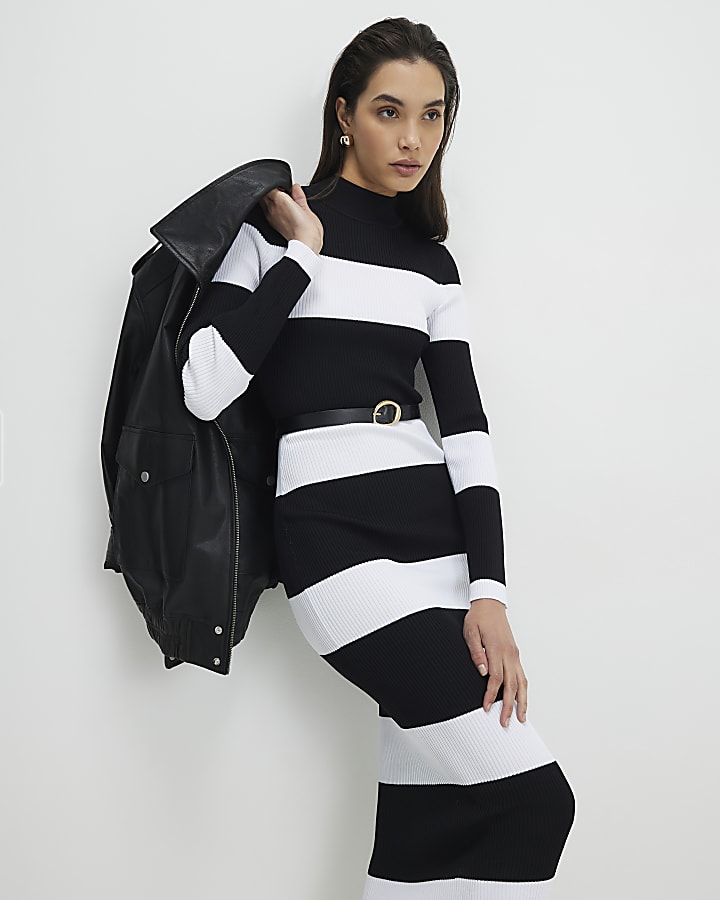 Black Belted Stripe Midi Dress