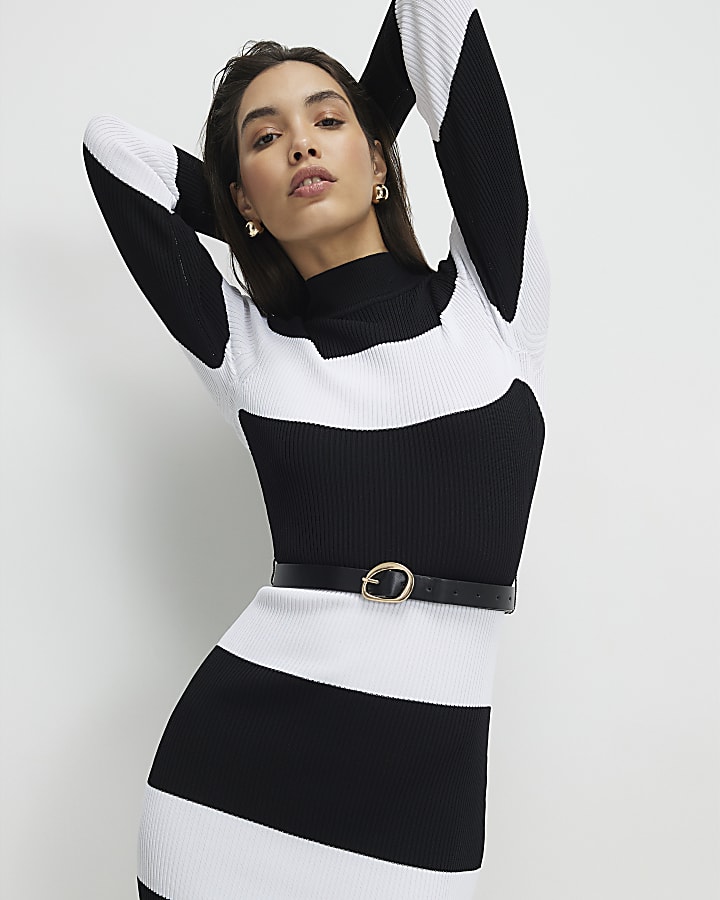 Black Belted Stripe Midi Dress