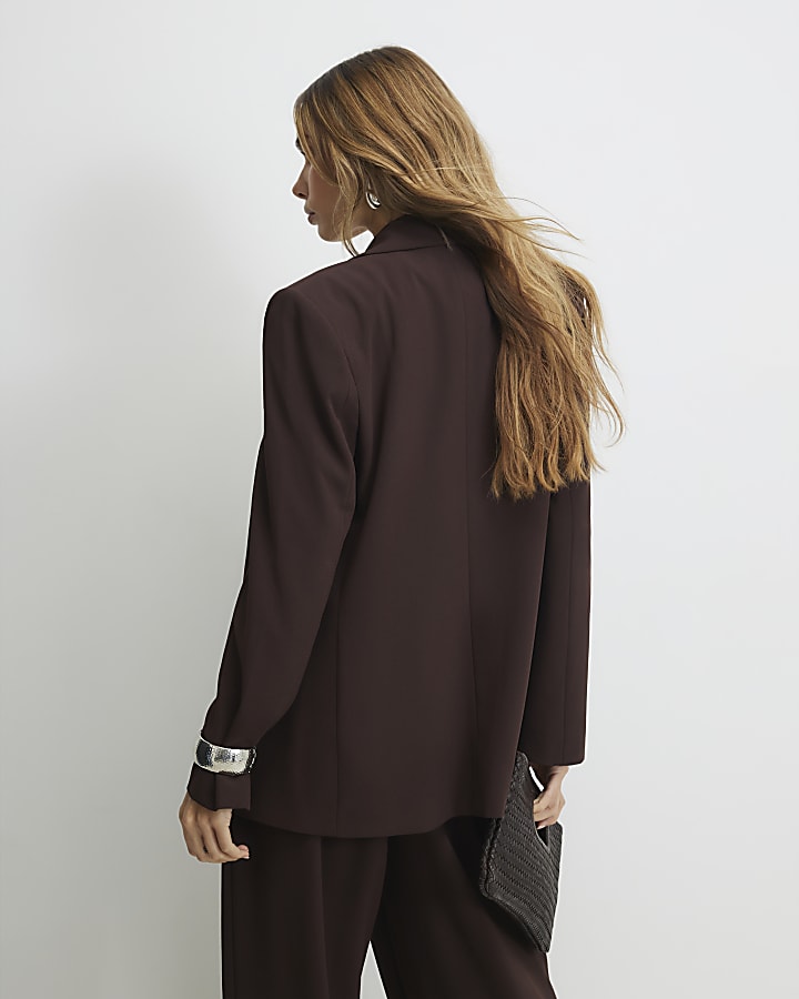Brown Crepe Ruched Sleeve Blazer