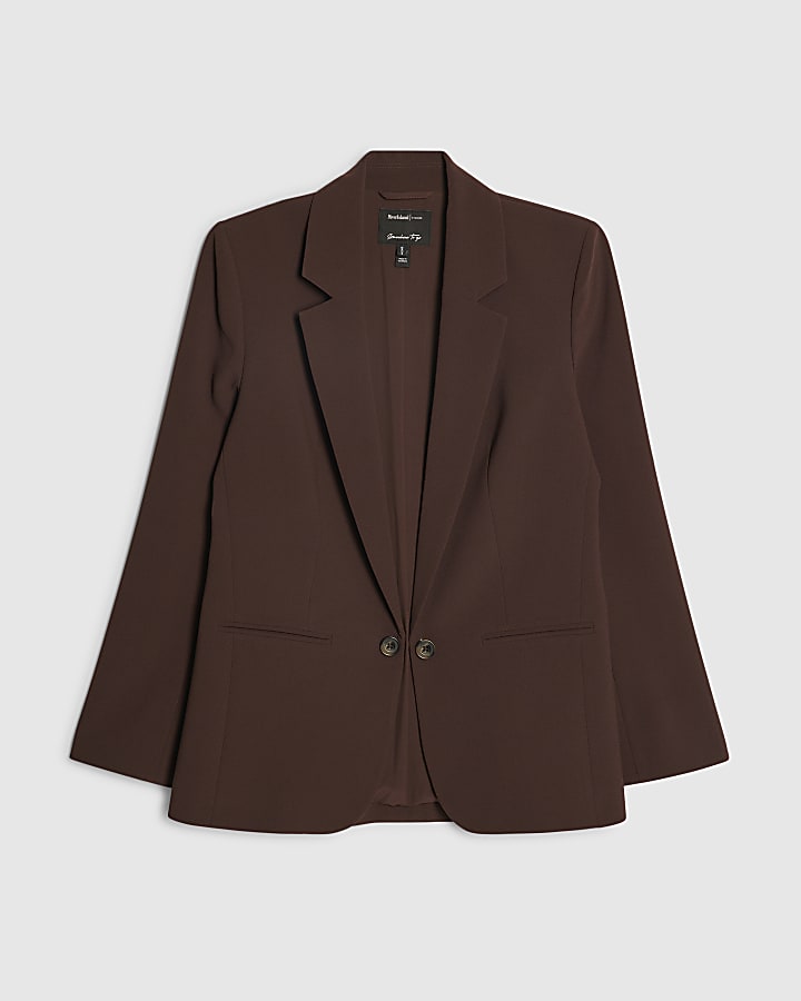 Brown Crepe Ruched Sleeve Blazer