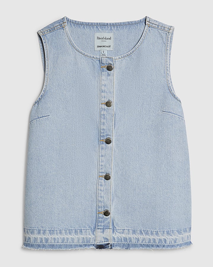 Blue Denim Sleeveless Raw Hem Top
