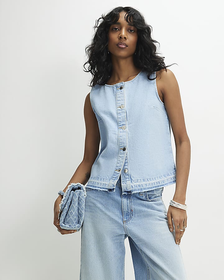 Blue Denim Sleeveless Raw Hem Top