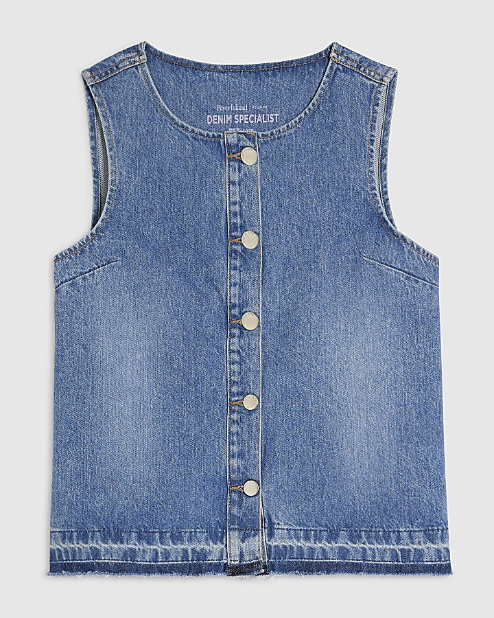Blue Denim Sleeveless Raw Hem Top