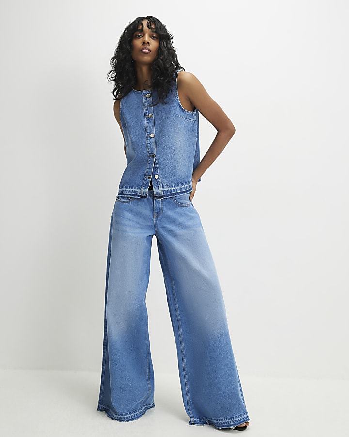 Blue Denim Sleeveless Raw Hem Top