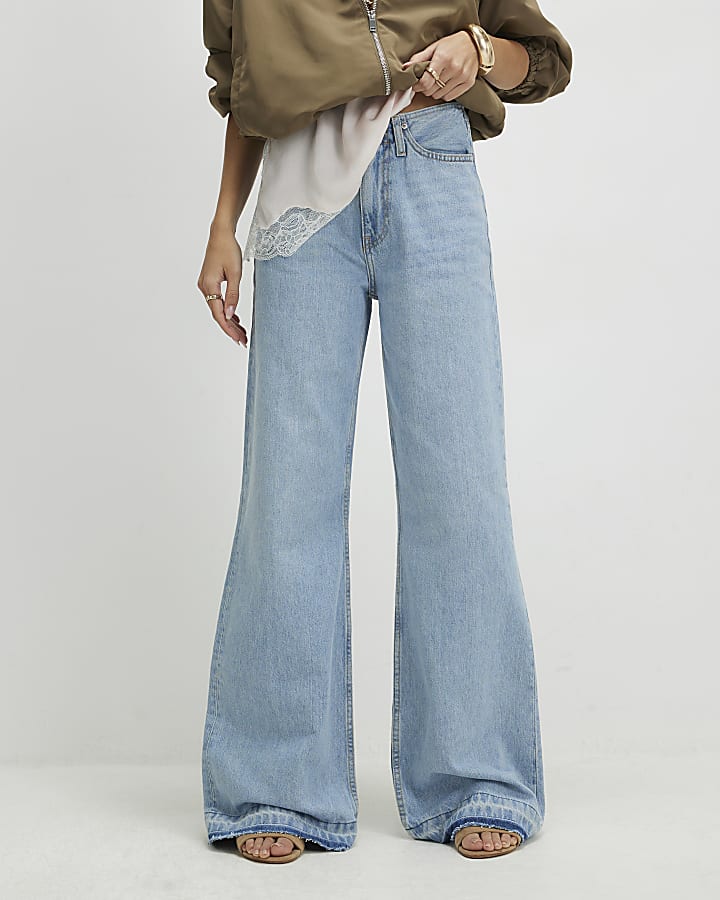 Blue Clean Waist Wide Leg Turn Down Hem Jeans