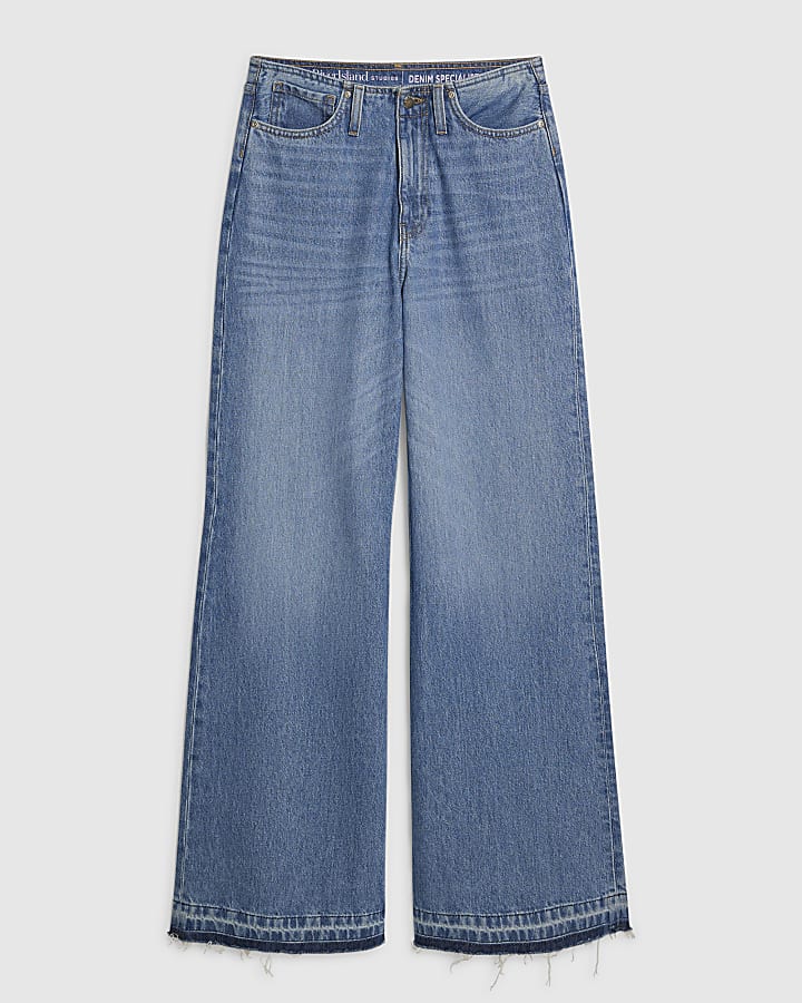 Blue Turn Down Hem Wide Leg Jeans