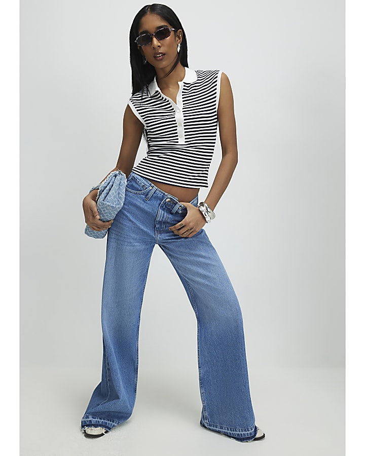 Blue Turn Down Hem Wide Leg Jeans