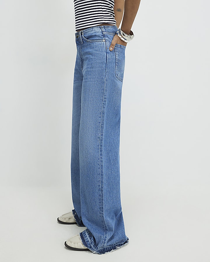 Blue Turn Down Hem Wide Leg Jeans