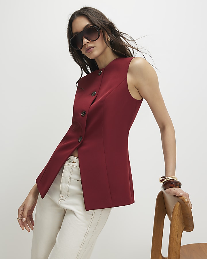 Red Sleeveless Button Detail Waistcoat
