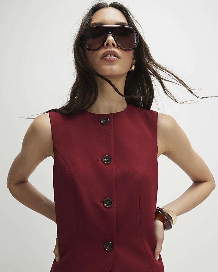 Red Sleeveless Button Detail Waistcoat