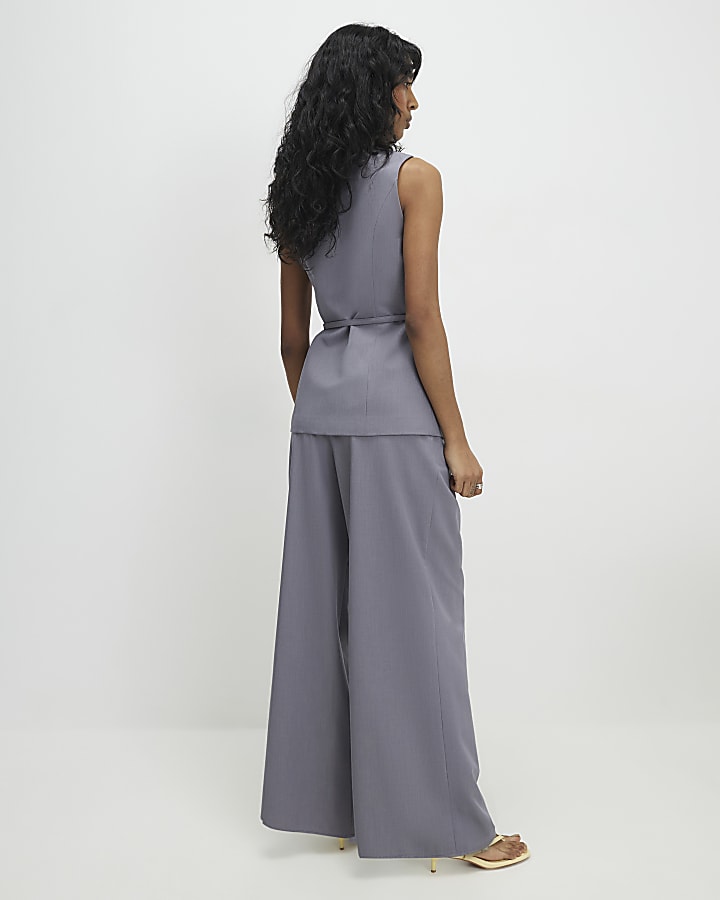 Grey Wrap Detail Wide Leg Trousers