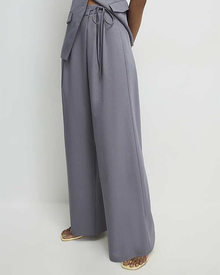 Grey Wrap Detail Wide Leg Trousers