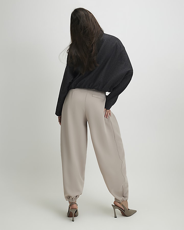 Beige Pleat Detail Tapered Trousers