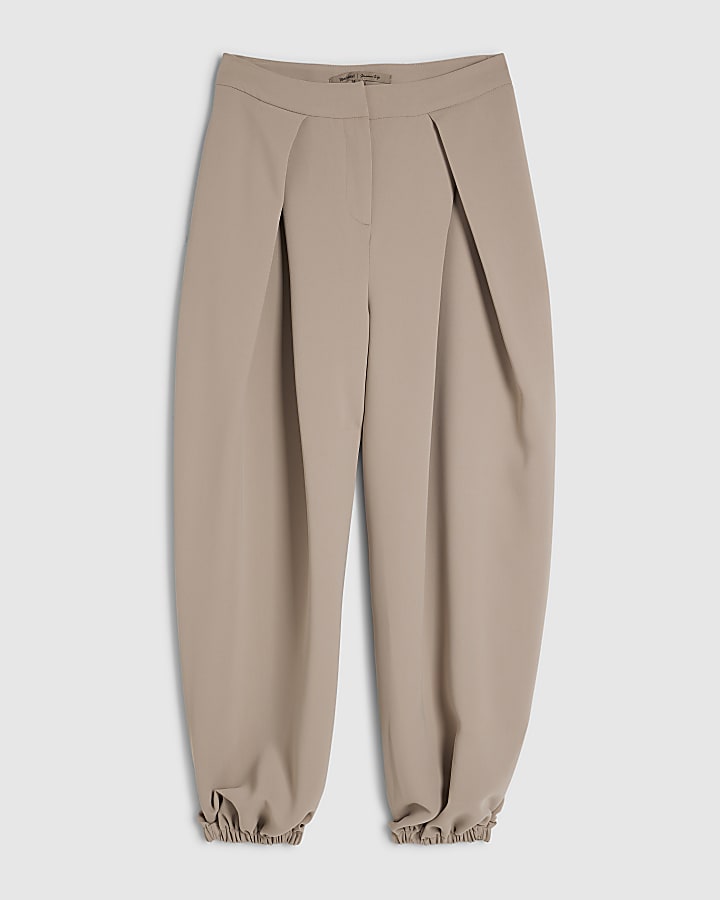 Beige Pleat Detail Tapered Trousers