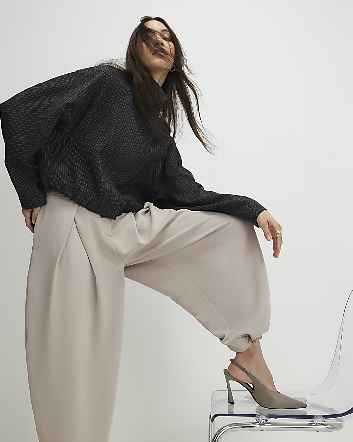Beige Pleat Detail Tapered Trousers