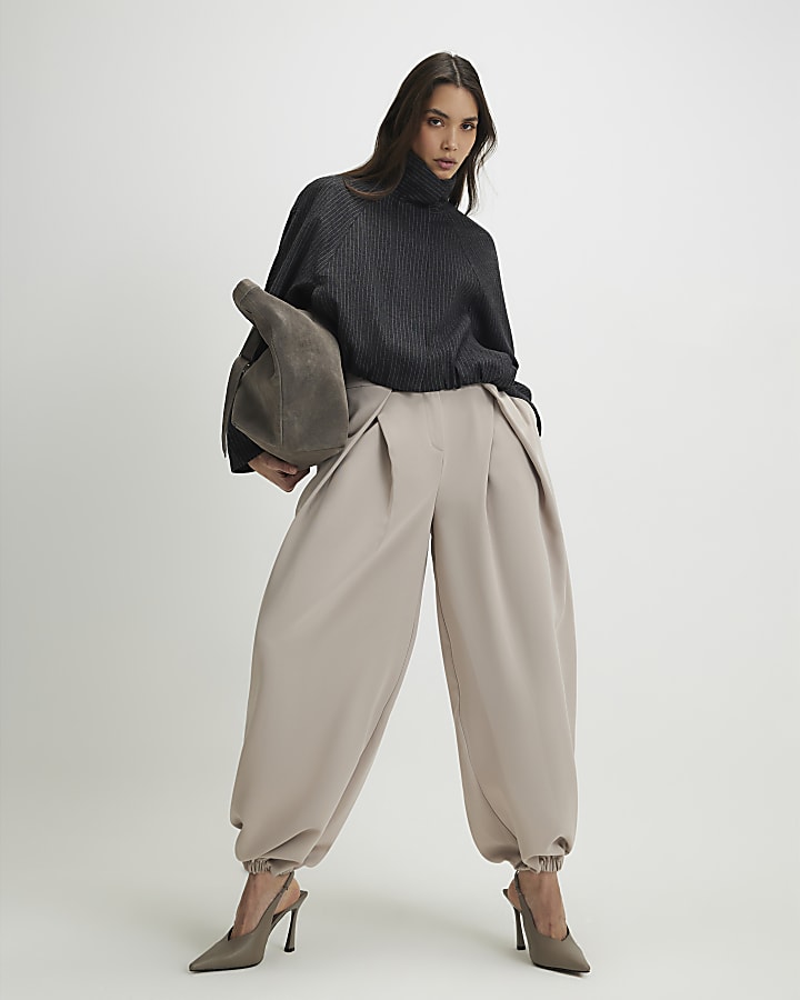 Beige Pleat Detail Tapered Trousers