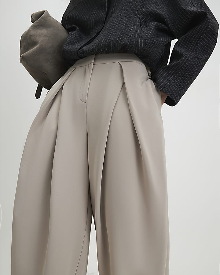 Beige Pleat Detail Tapered Trousers