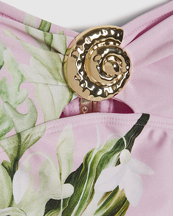 Pink Lotus Print Bandeau Swimsuit