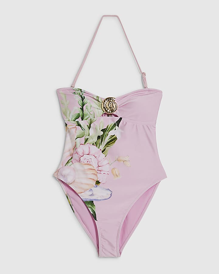 Pink Lotus Print Bandeau Swimsuit