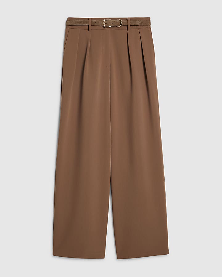 Brown Belted Wide Leg Trousers